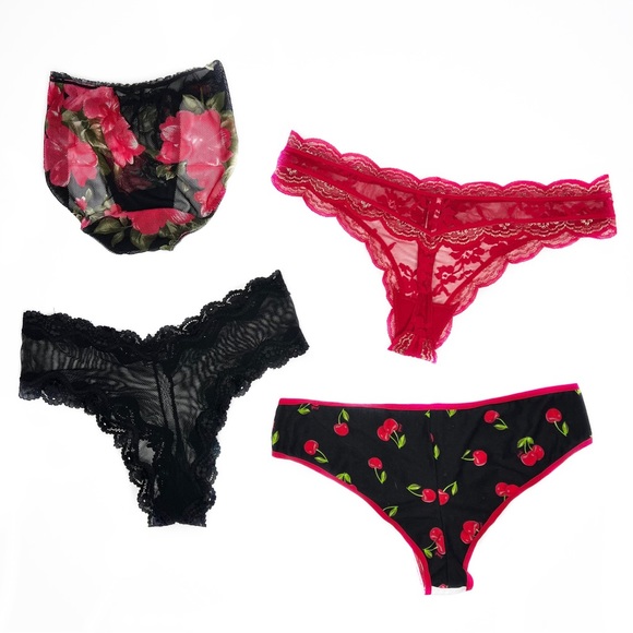 Victoria's Secret Other - Victoria's Secret & Triumph Red Black Lace Floral Cherry Thong Lace Up Panties L